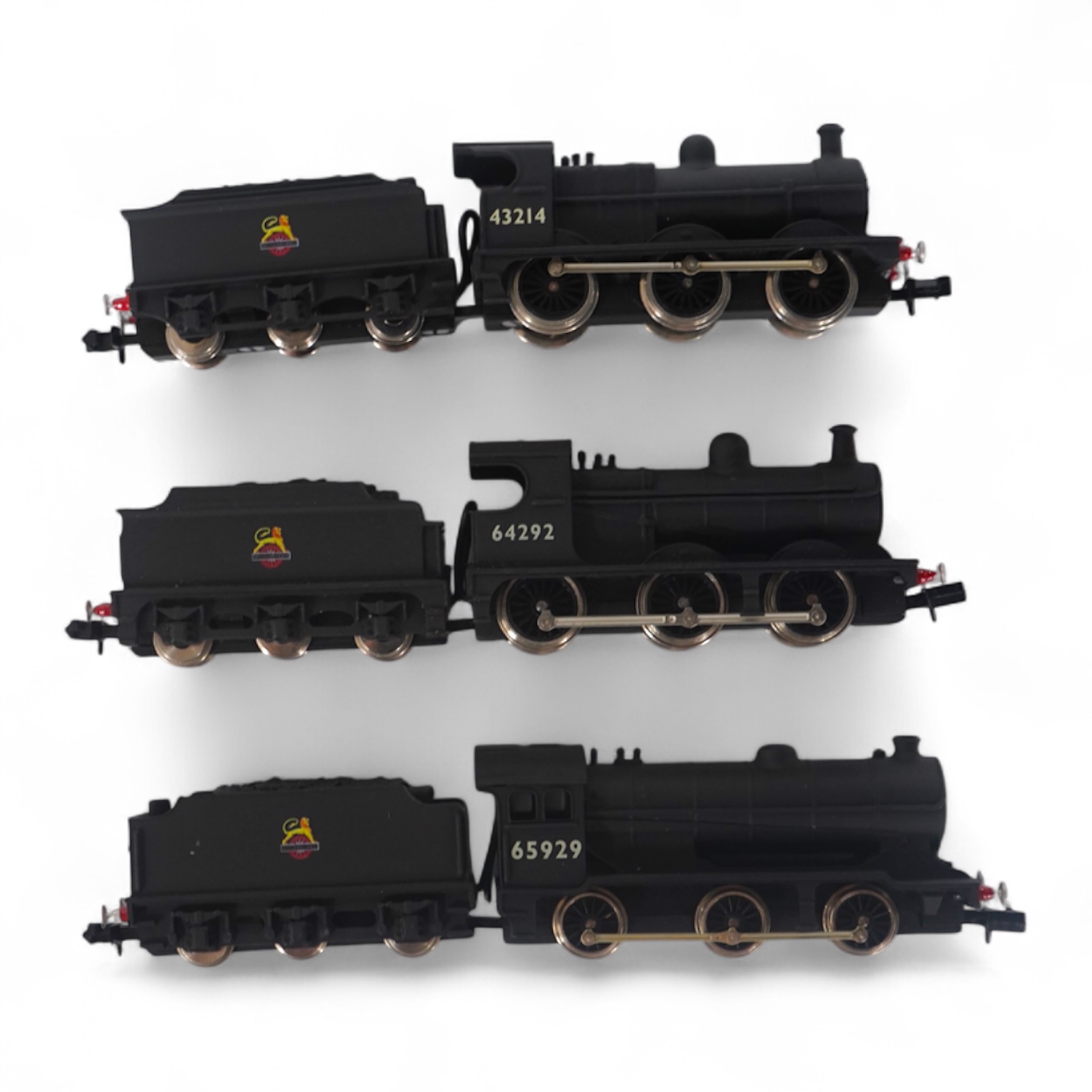 Three boxed Union Mills Models N gauge railway BR locomotives; a Class J38, 65929, a Class J11, 64292, and a Class 3F, 43214. Condition - good.